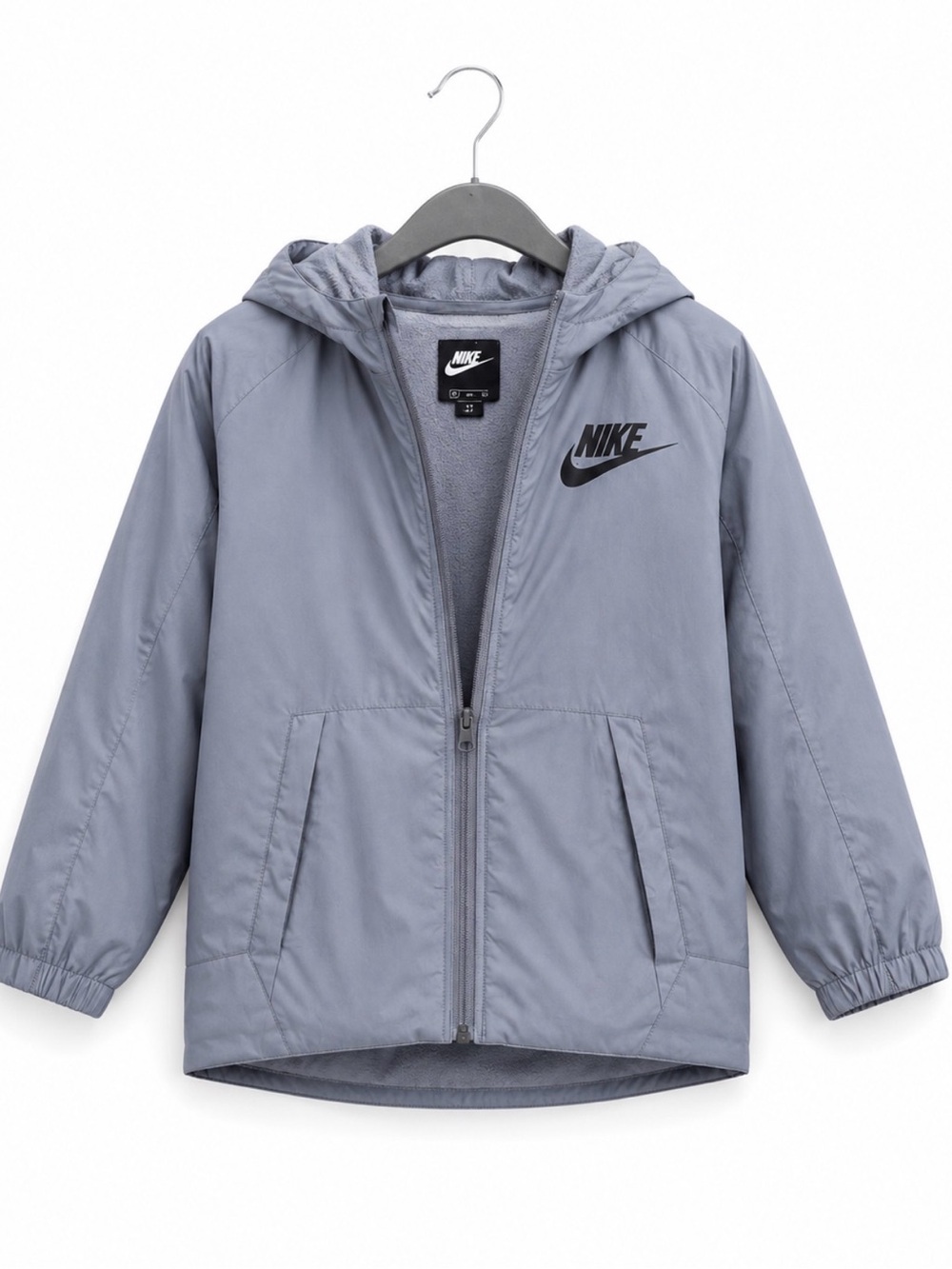 Kids Nike Gray Hooded Windbreaker Jacket with Black Logo